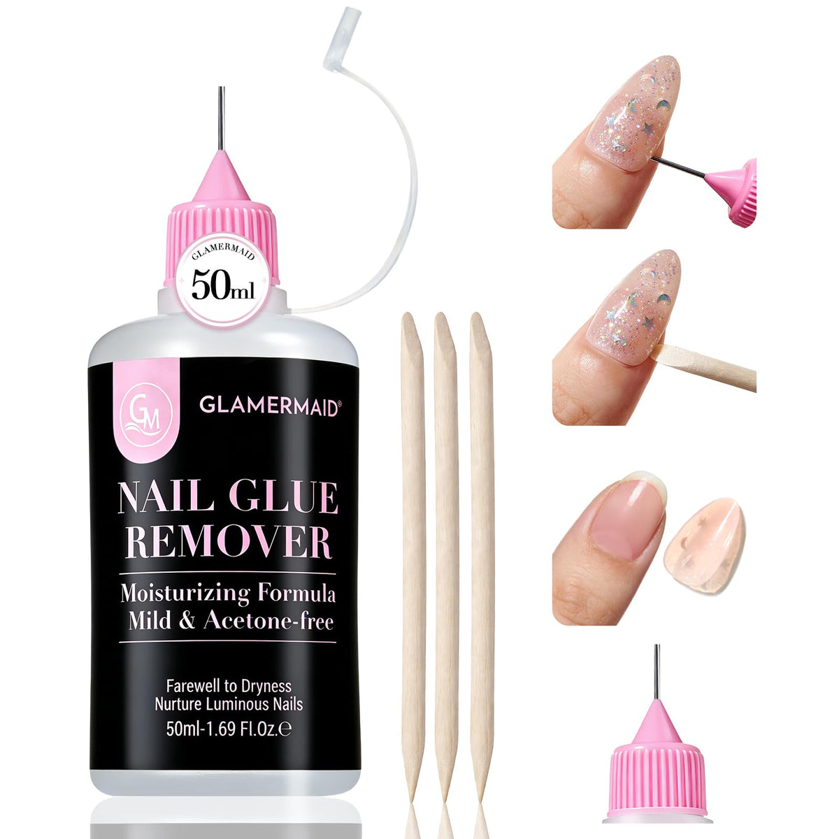 GLAMERMAID front packaging showing bottle and included sticks, clear kit benefits
