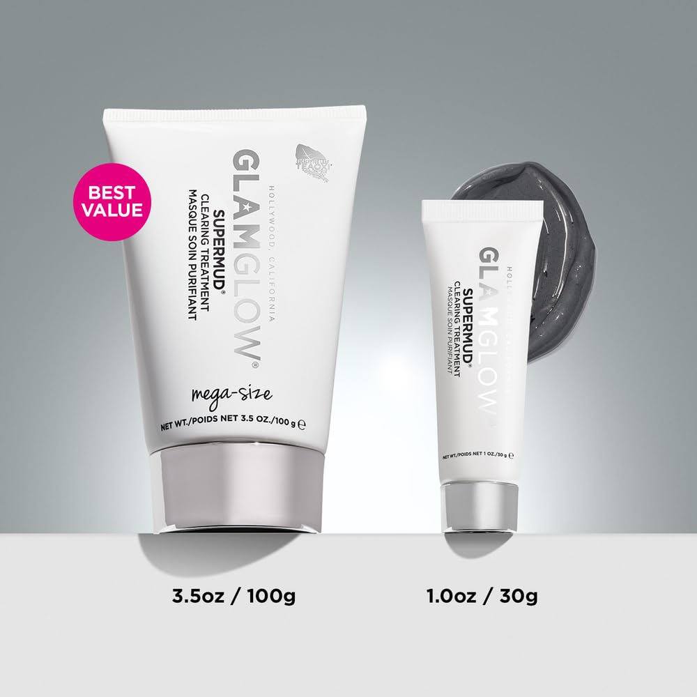 Glamglow SUPERMUD jar next to ingredients label showing formula clarity