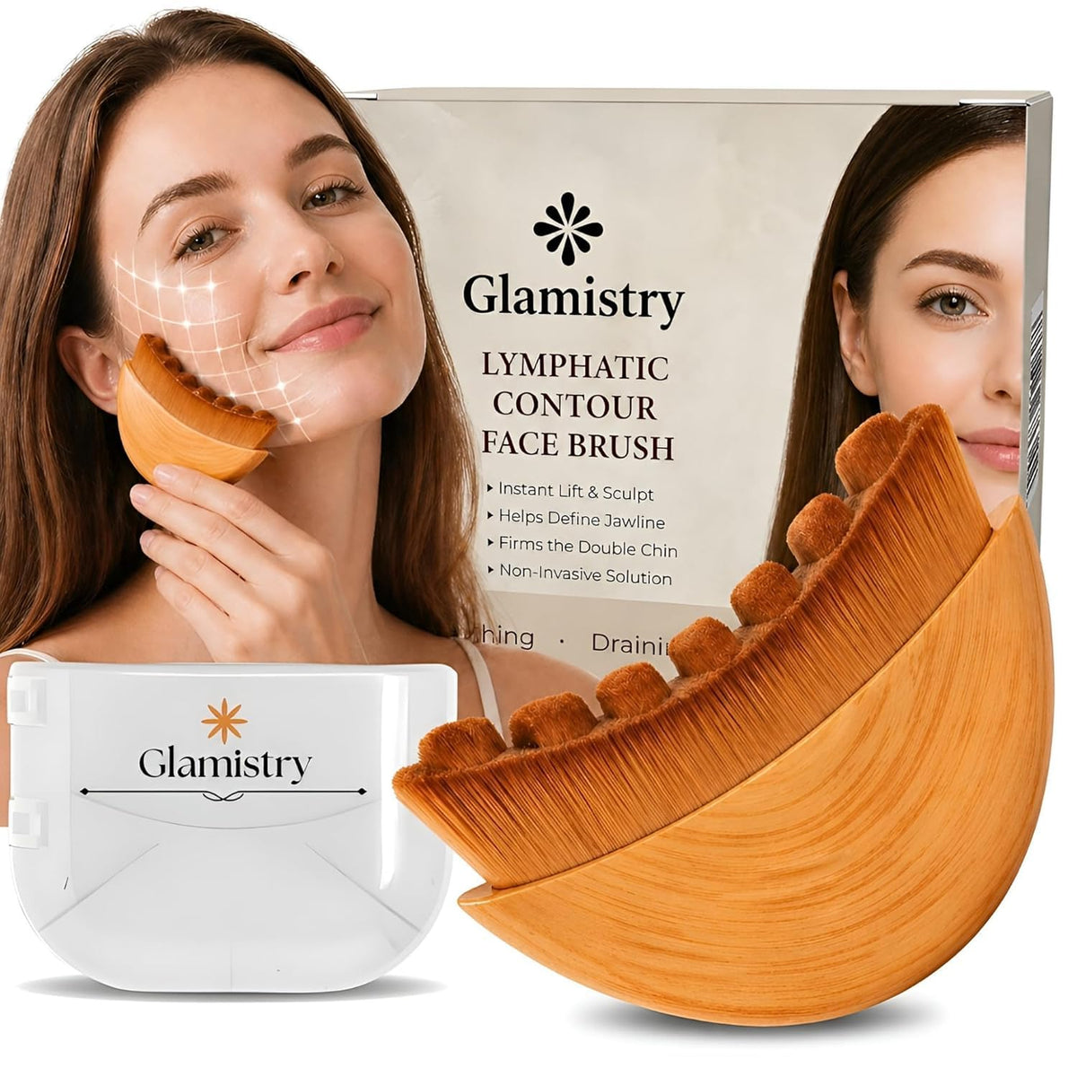 Glamistry brush front view showing sleek case and compact profile for travel convenience