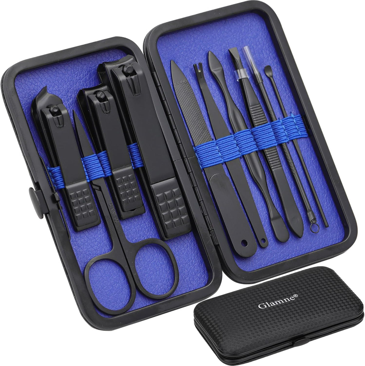 GLAMNE front view of blue leather case showing organized tools and portability