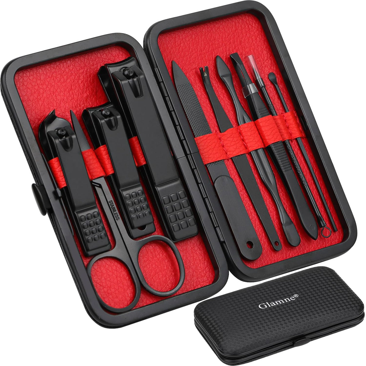 GLAMNE front packaging showing black leather case and kit — professional presentation