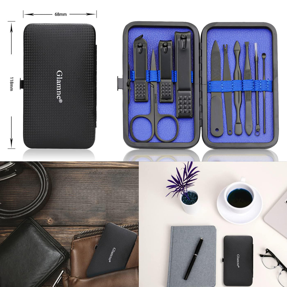 GLAMNE kit placed next to travel bag highlighting convenience for trips