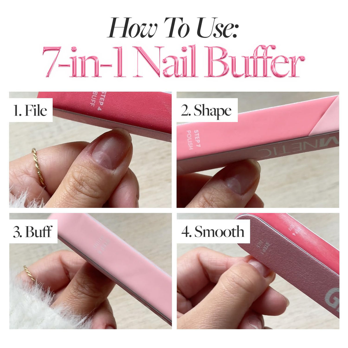 Glamnetic buffer side showing numbered steps to guide users through each buffing stage