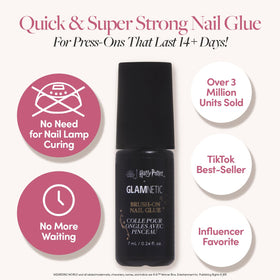 Glamnetic glue in use applying to press-on nail showing neat application and quick results