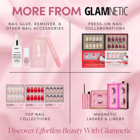 Glamnetic bottle tucked inside a makeup bag in lifestyle shot for portable, on-the-go convenience