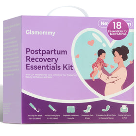 Glamommy front packaging showing the full postpartum recovery kit and handle for easy transport