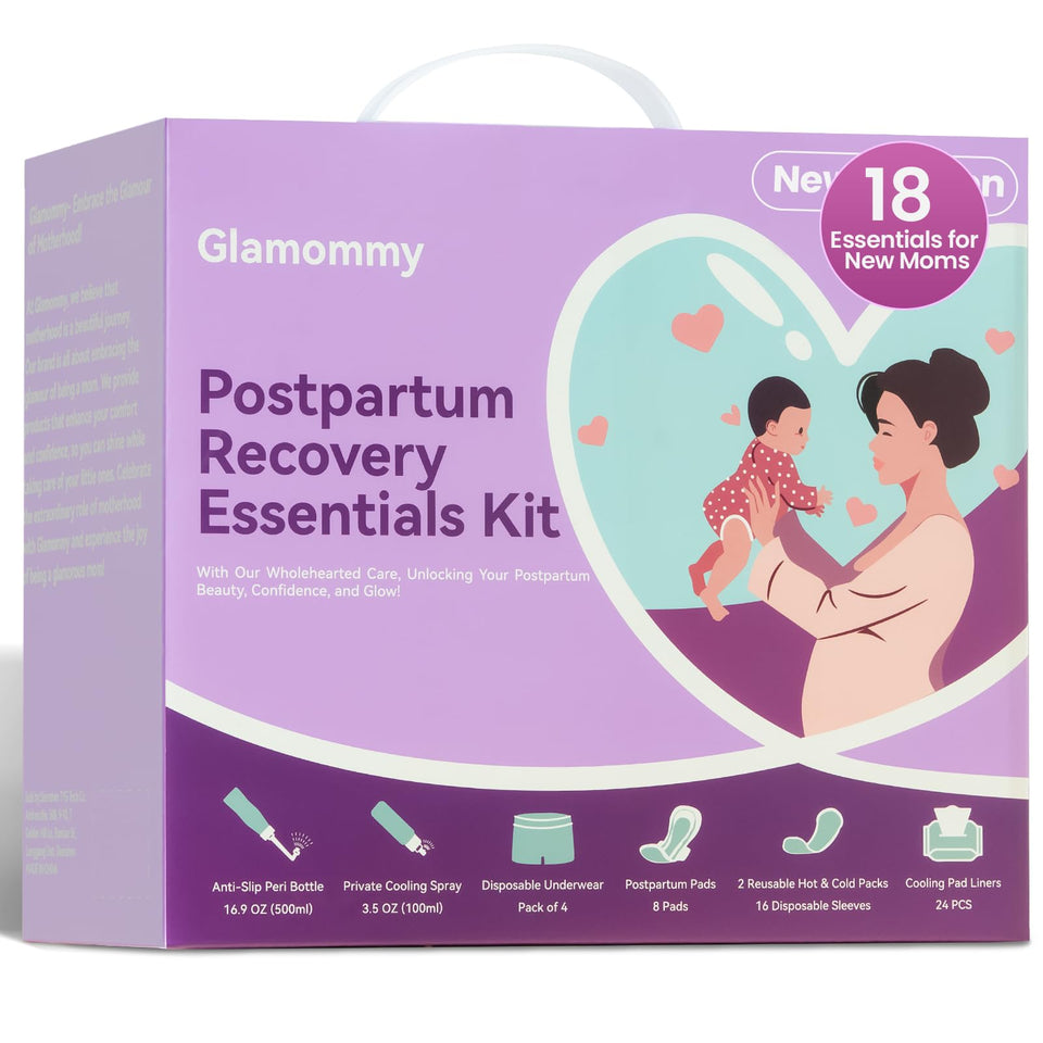 Glamommy front packaging showing the full postpartum recovery kit and handle for easy transport