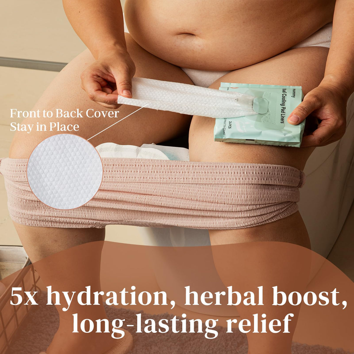 Glamommy lifestyle image of a new mom using kit items to comfortably recover at home
