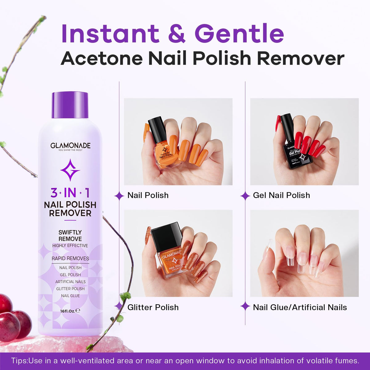 Glamonade acetone droplet texture highlighting fast dissolving action