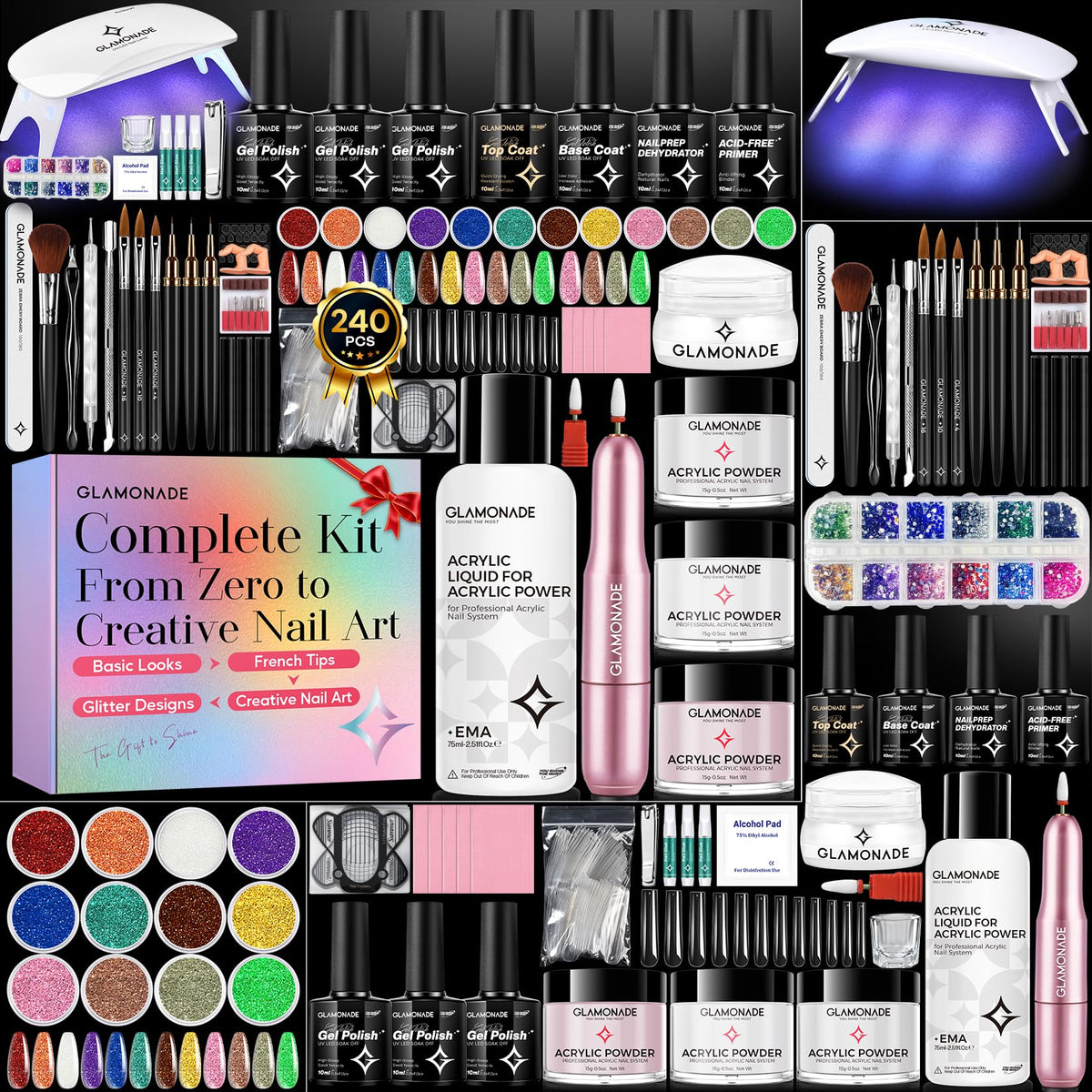Glamonade front packaging showing full starter kit, clear overview benefit