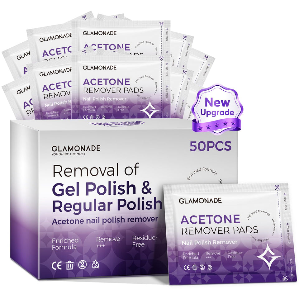 Glamonade front packaging showing 50 wrapped remover pads and benefits