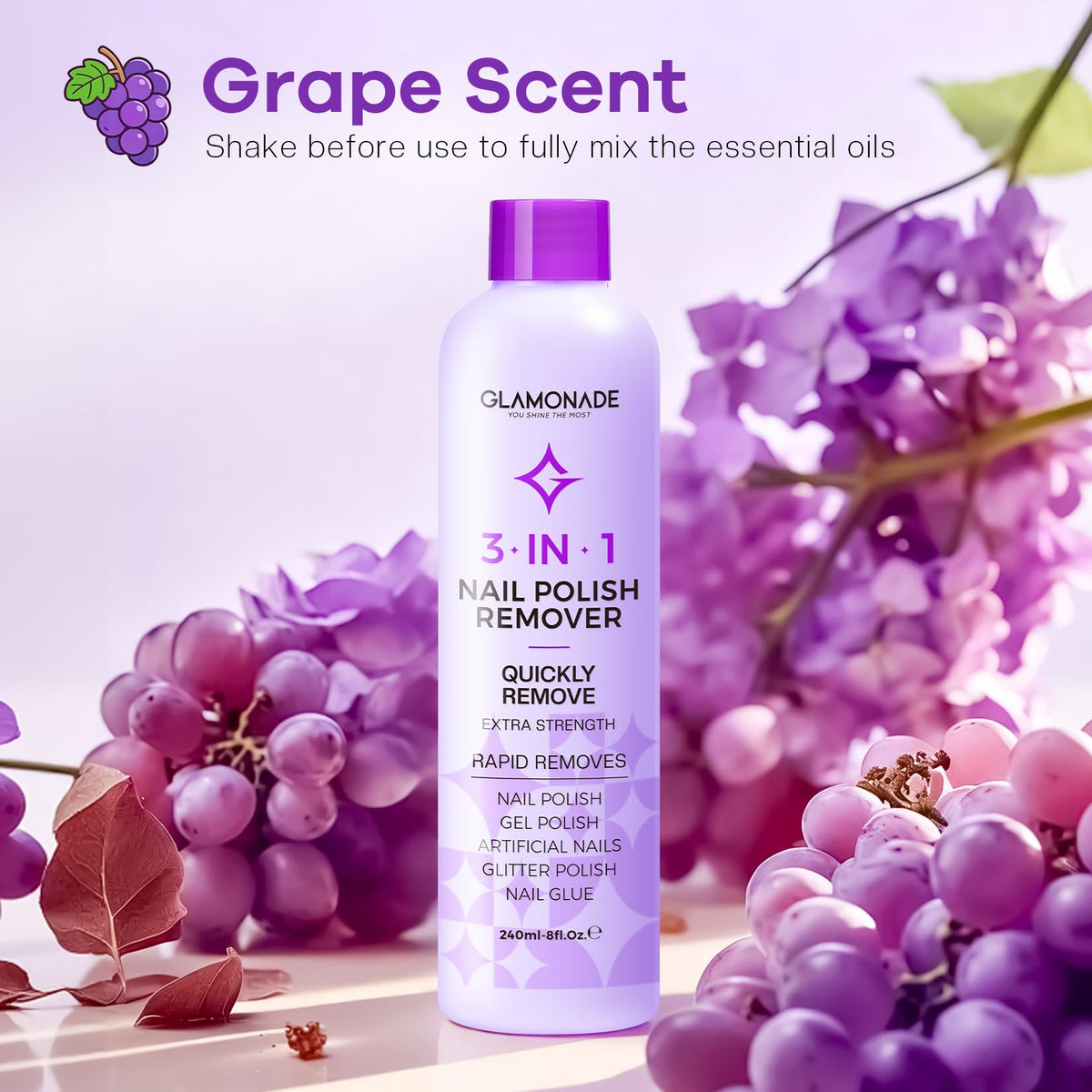 Glamonade bottle in home manicure scene enabling professional results