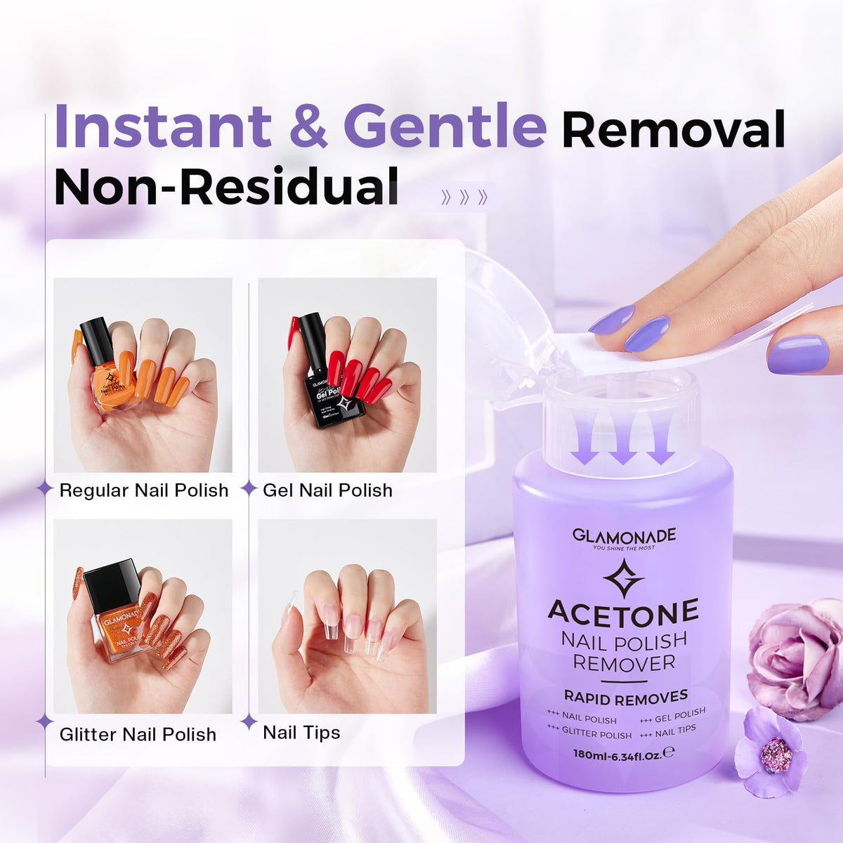 Glamonade pump dispensing gel onto cotton pad for controlled use