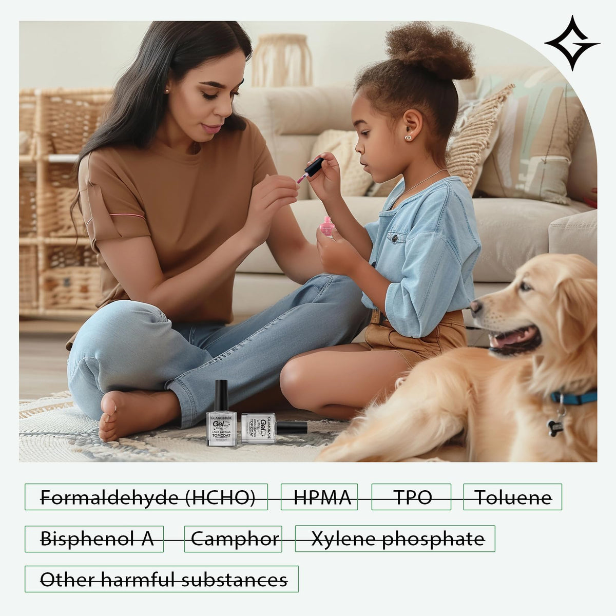 Glamonade bottle label close-up showing ingredients and safer formula benefit