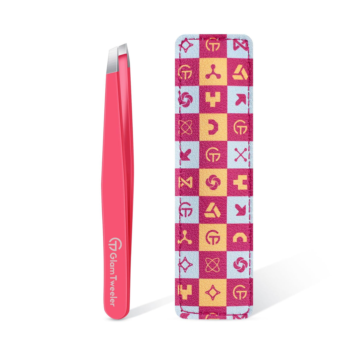 GlamTweeler front packaging showing hot pink tweezer and case, professional finish