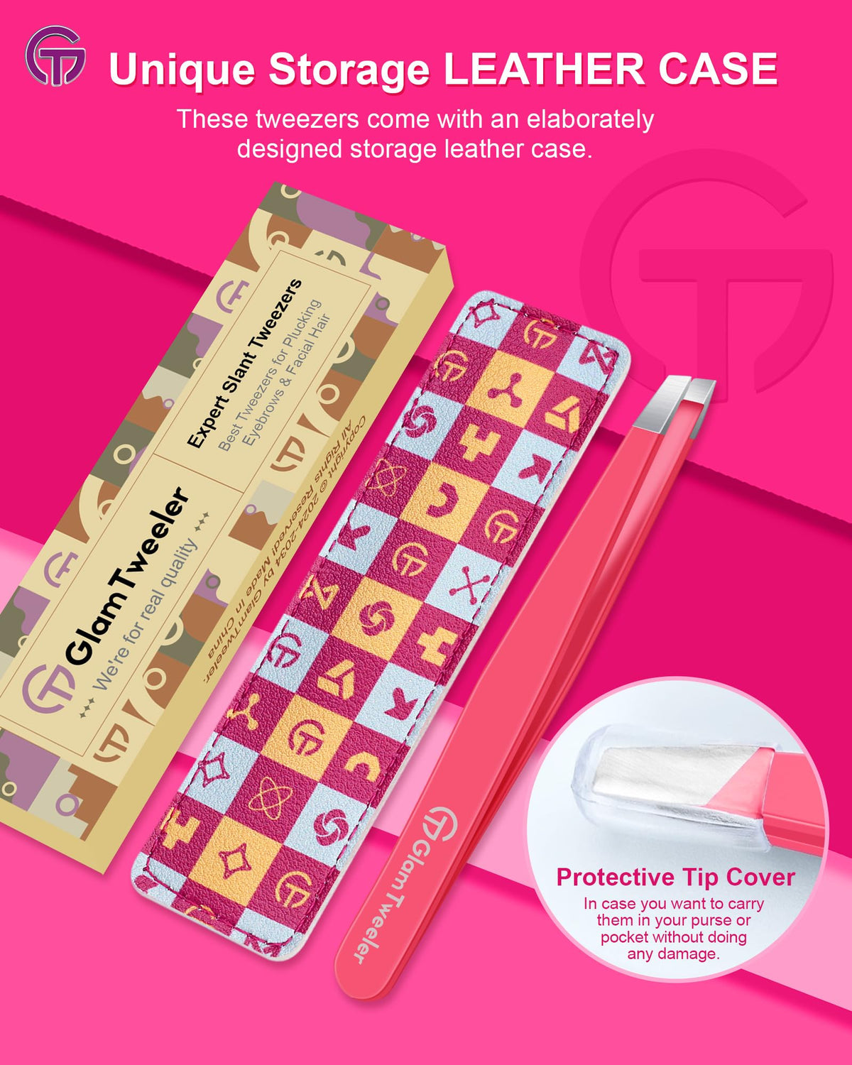 GlamTweeler tucked into a travel pouch, convenient protection for trips