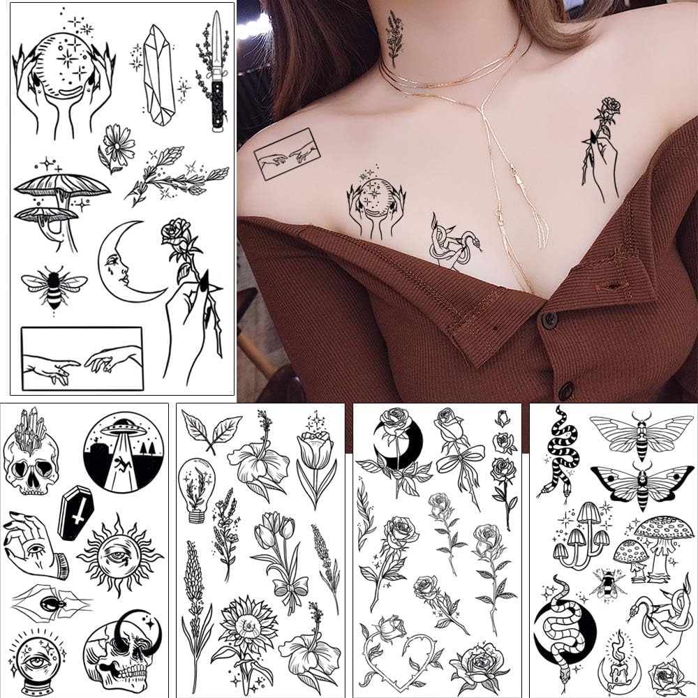 glaryyears close-up of tattoo sheet detail showing fine black linework for realistic look
