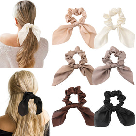 Glaudmeiss front packaging showing six neutral brown scrunchies and ribbons, neat set benefit