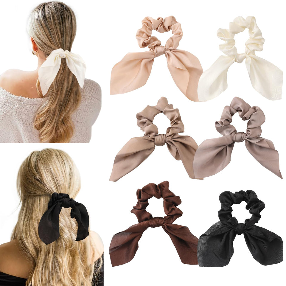Glaudmeiss front packaging showing six neutral brown scrunchies and ribbons, neat set benefit