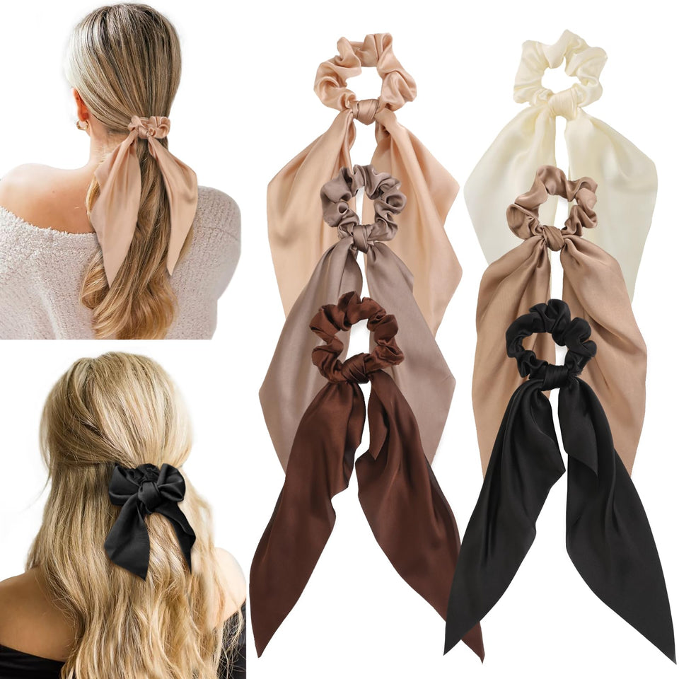 Glaudmeiss front packaging showing six neutral satin scrunchies and ribbons, gift-ready