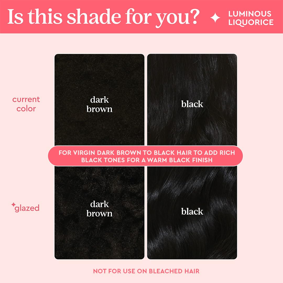 glaze before and after on dark brown hair, illustrates richer tone and shine