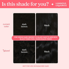 glaze before and after on dark brown hair, illustrates richer tone and shine