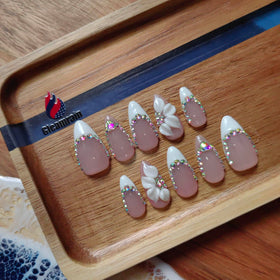 Gleamrain front packaging showing ten almond press-on nails, ready-to-wear benefit