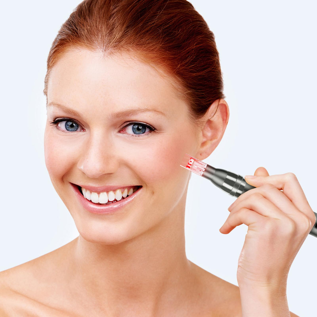 Glemme derma roller held in hand to show scale and travel-friendly portability