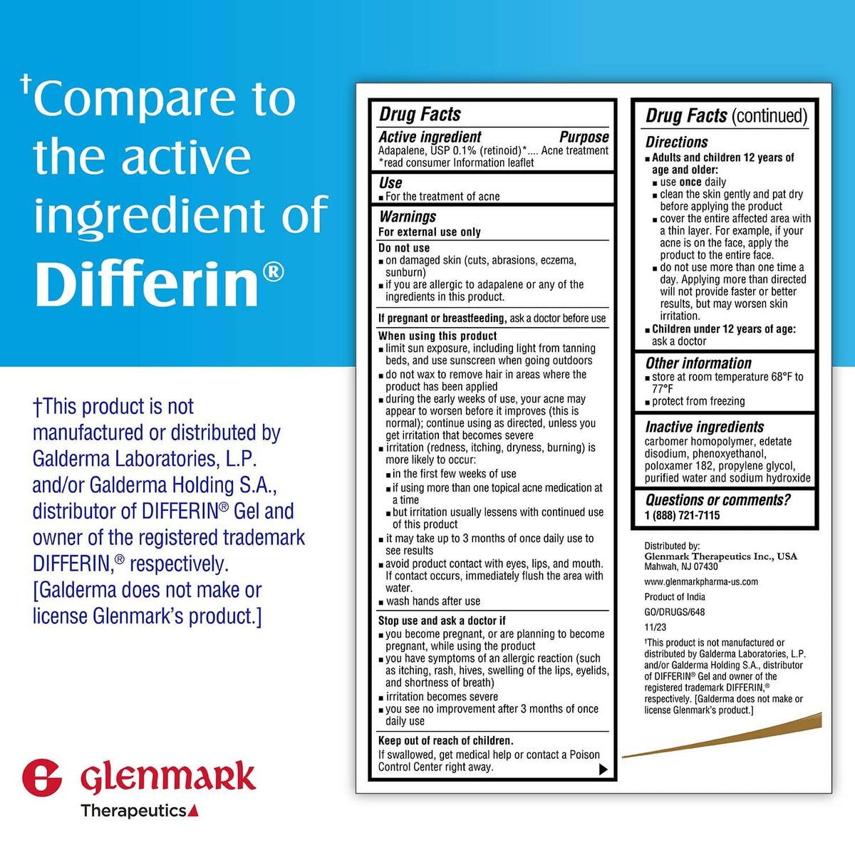 Close-up of the 15g Glenmark adapalene gel tube highlighting compact travel-friendly size
