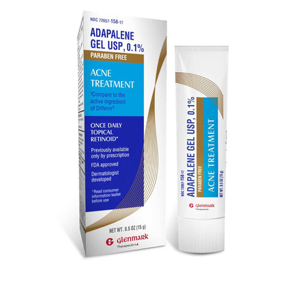 Glenmark Therapeutics product front packaging showing 0.1% adapalene and paraben-free benefit