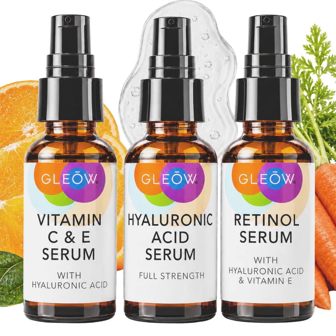 GLEOW front packaging showing all three 1 oz serums and clear labels for easy selection