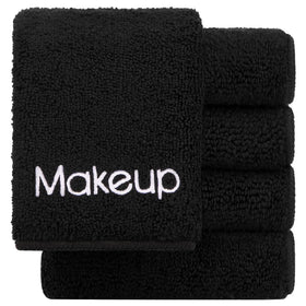 GLIMGLINT front view of five-pack soft black towels showing packaging and size benefit