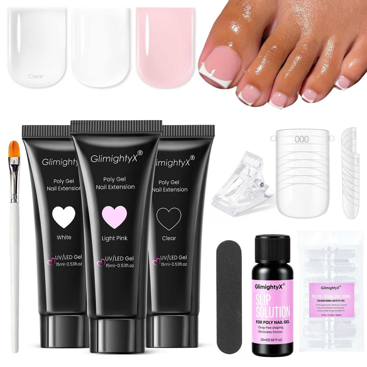 GlimightyX kit front packaging showing full toenail set and tools for easy home use