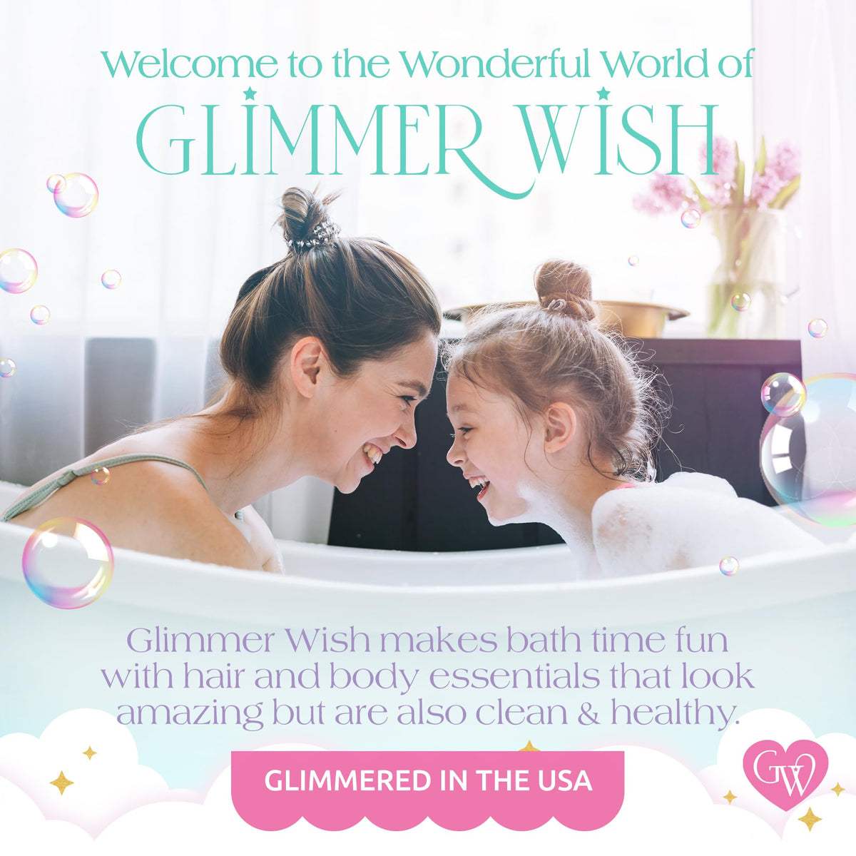 Glimmer Wish next to common items showing 12 fl oz scale and travel-friendly size