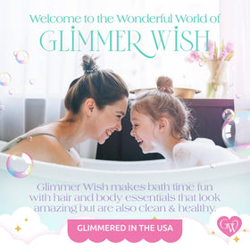 Glimmer Wish next to common items showing 12 fl oz scale and travel-friendly size