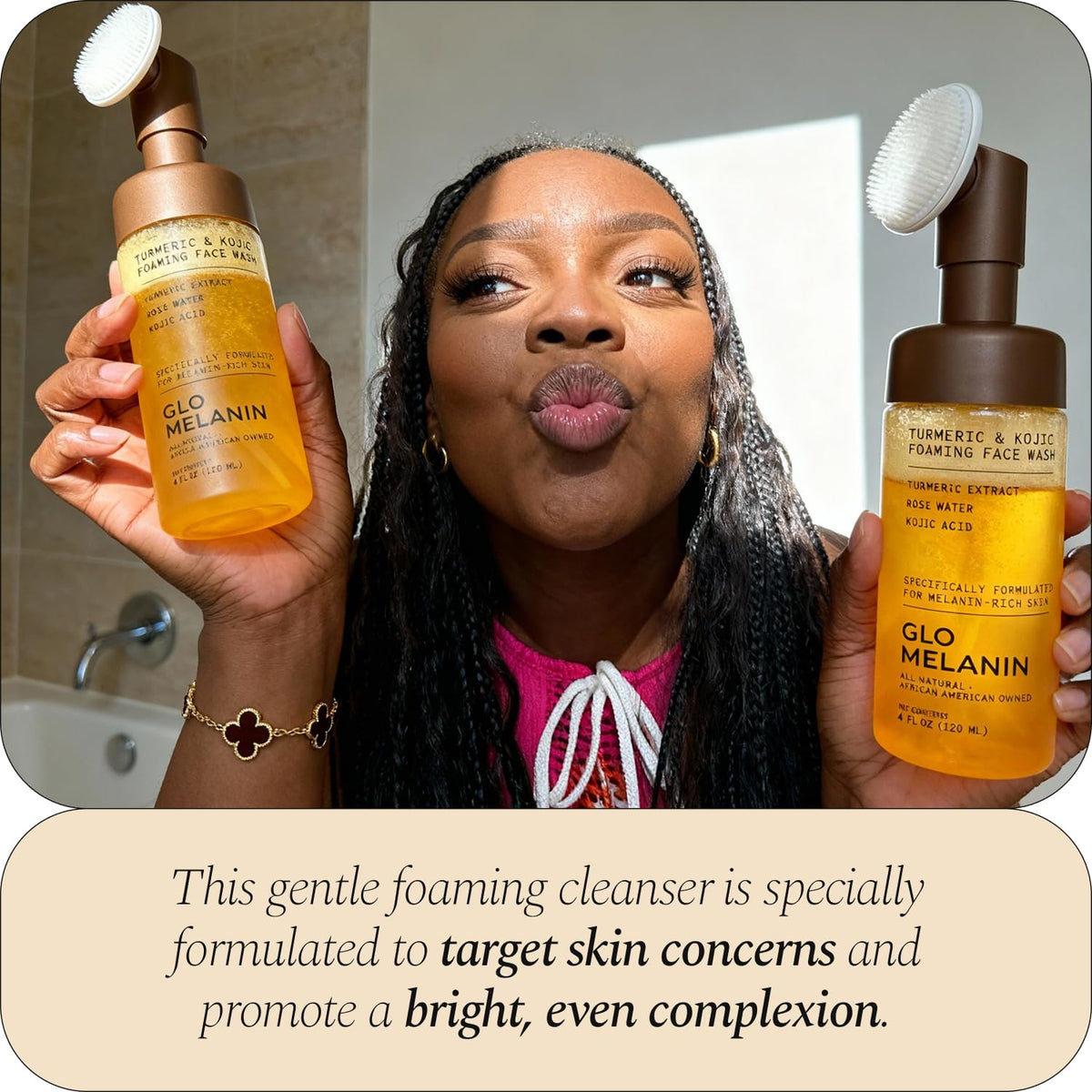 Glo Melanin application on cheek showing even cleansing motion