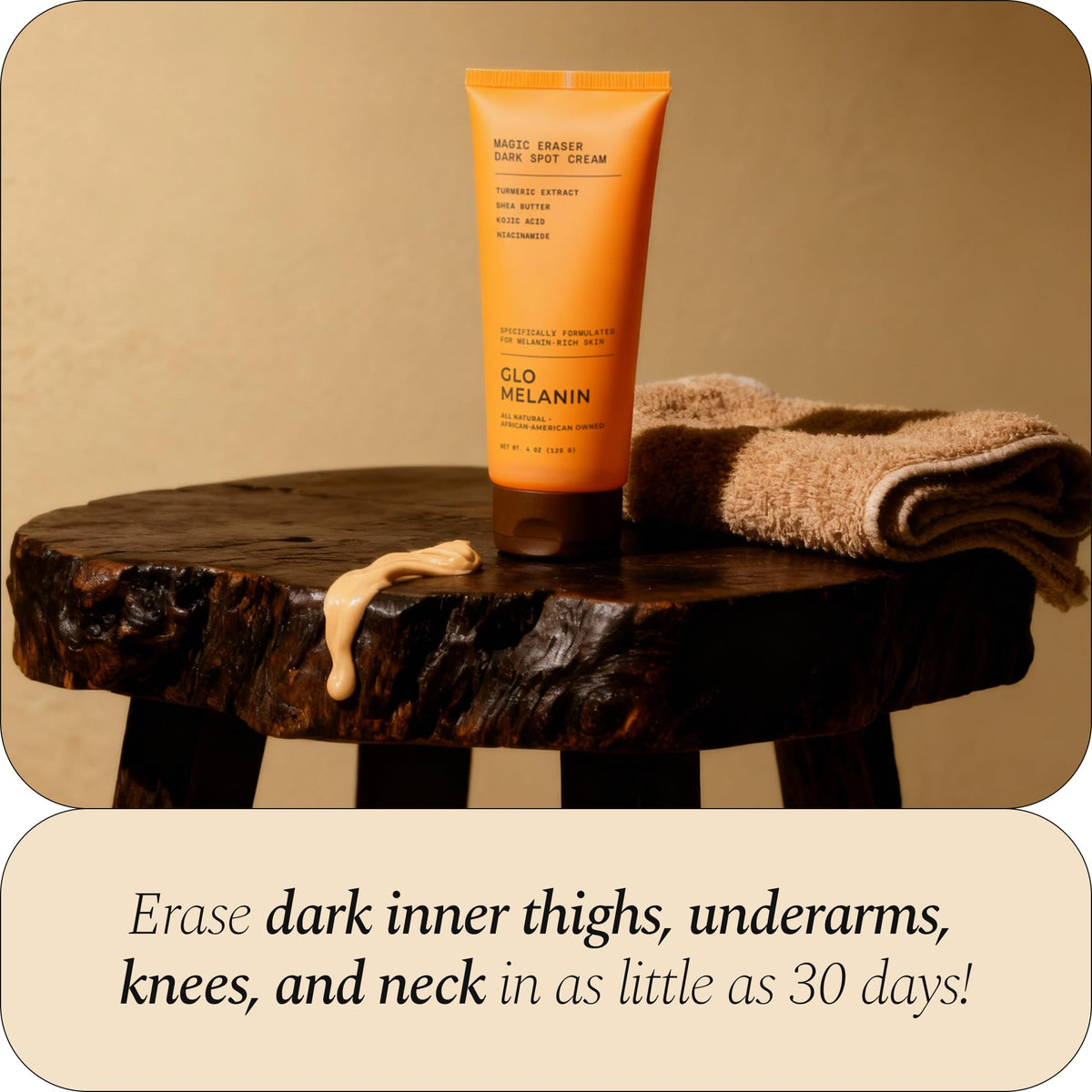Glo Melanin tube with natural ingredient props conveying gentle formulation