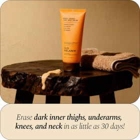 Glo Melanin tube with natural ingredient props conveying gentle formulation