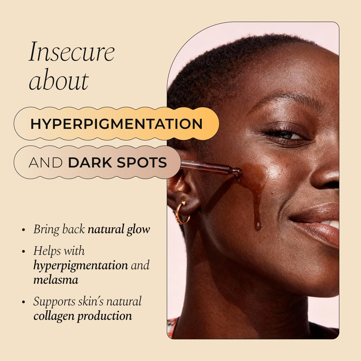 Glo Melanin dropper with serum texture highlighting fast absorption