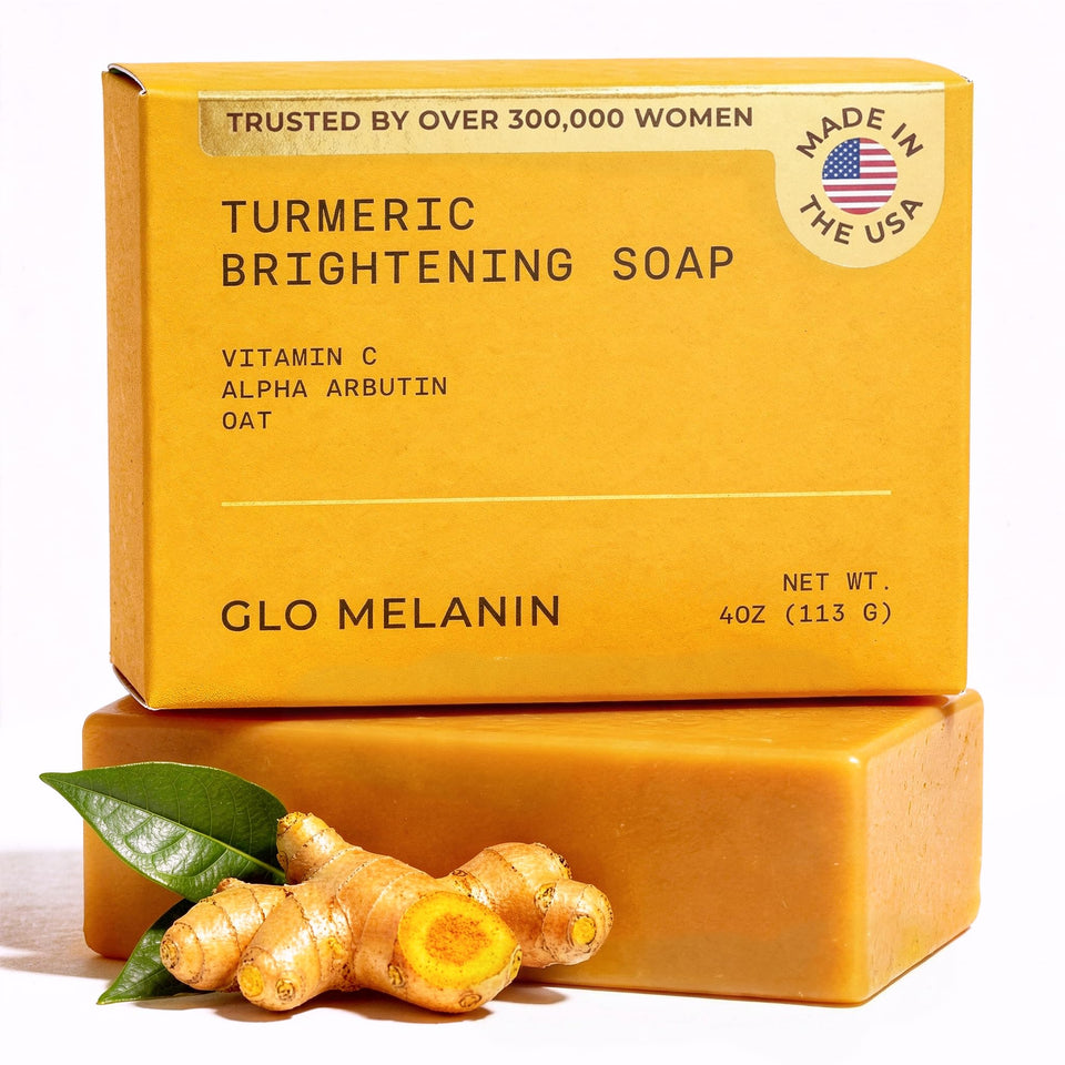 Glo Melanin front packaging showing natural turmeric soap benefits