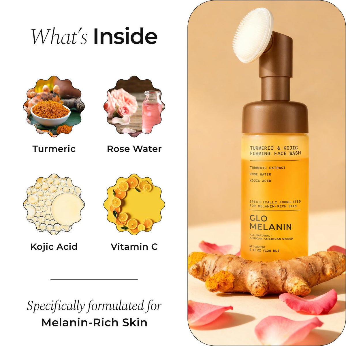 Glo Melanin ingredients with rose water and aloe illustrating soothing properties