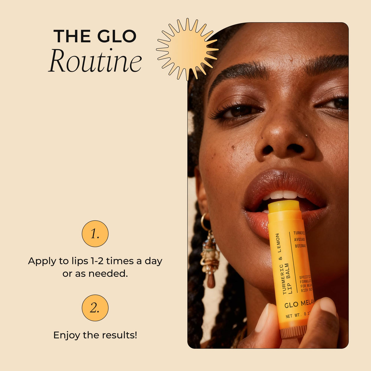 Glo Melanin label close-up with usage info, informs safe application and storage