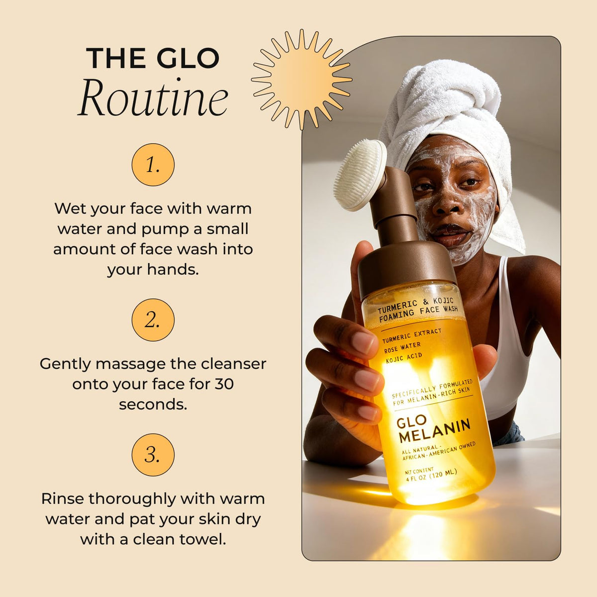 Glo Melanin placed on bathroom vanity for a calm skincare routine
