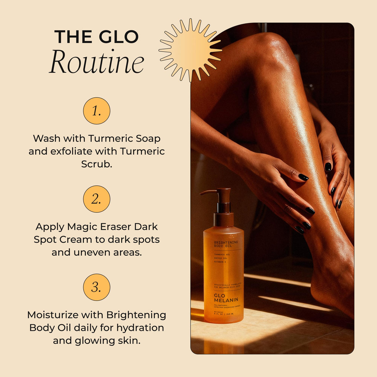 Glo Melanin nighttime routine lifestyle scene showing non-greasy overnight comfort