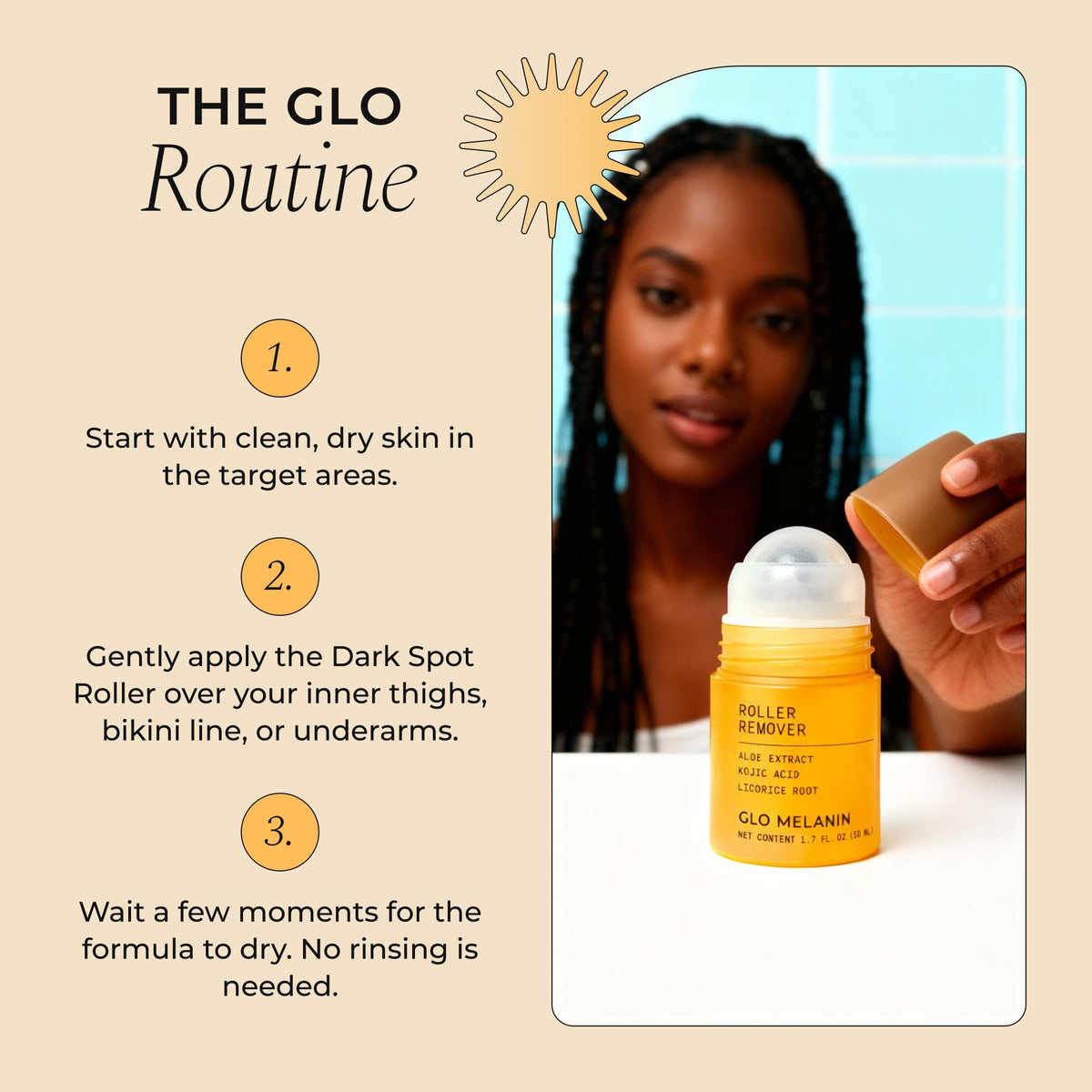 Glo Melanin open cap revealing roller and hygienic closure for clean storage