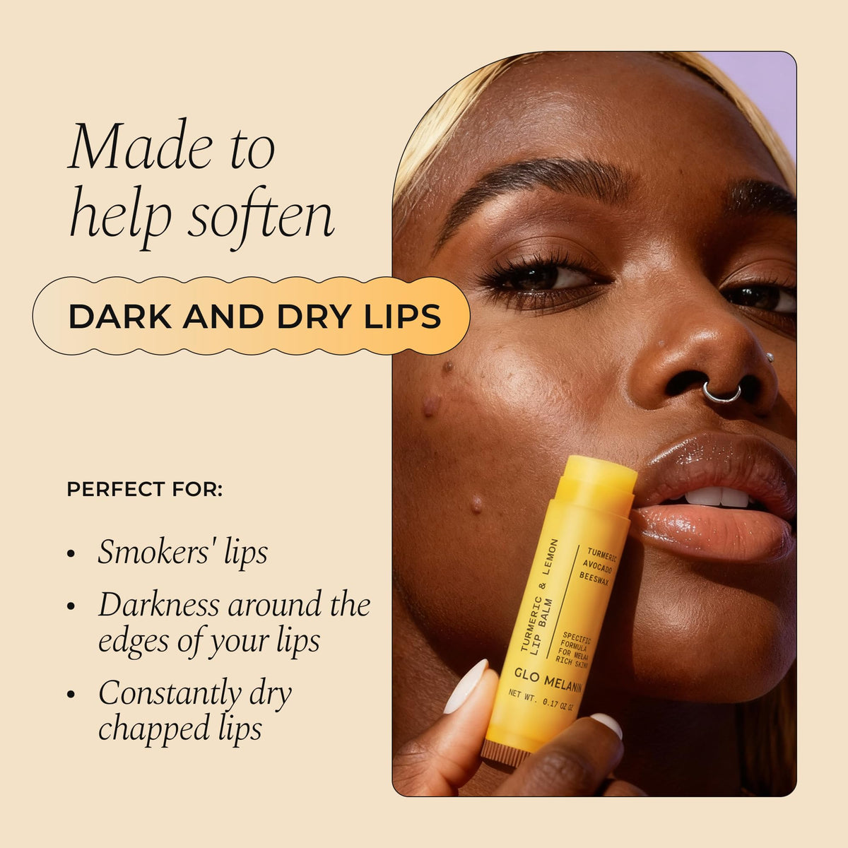 Glo Melanin open twist-stick revealing balm texture, demonstrates smooth easy application