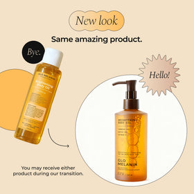 Glo Melanin packaging back panel with ingredient list and usage benefit