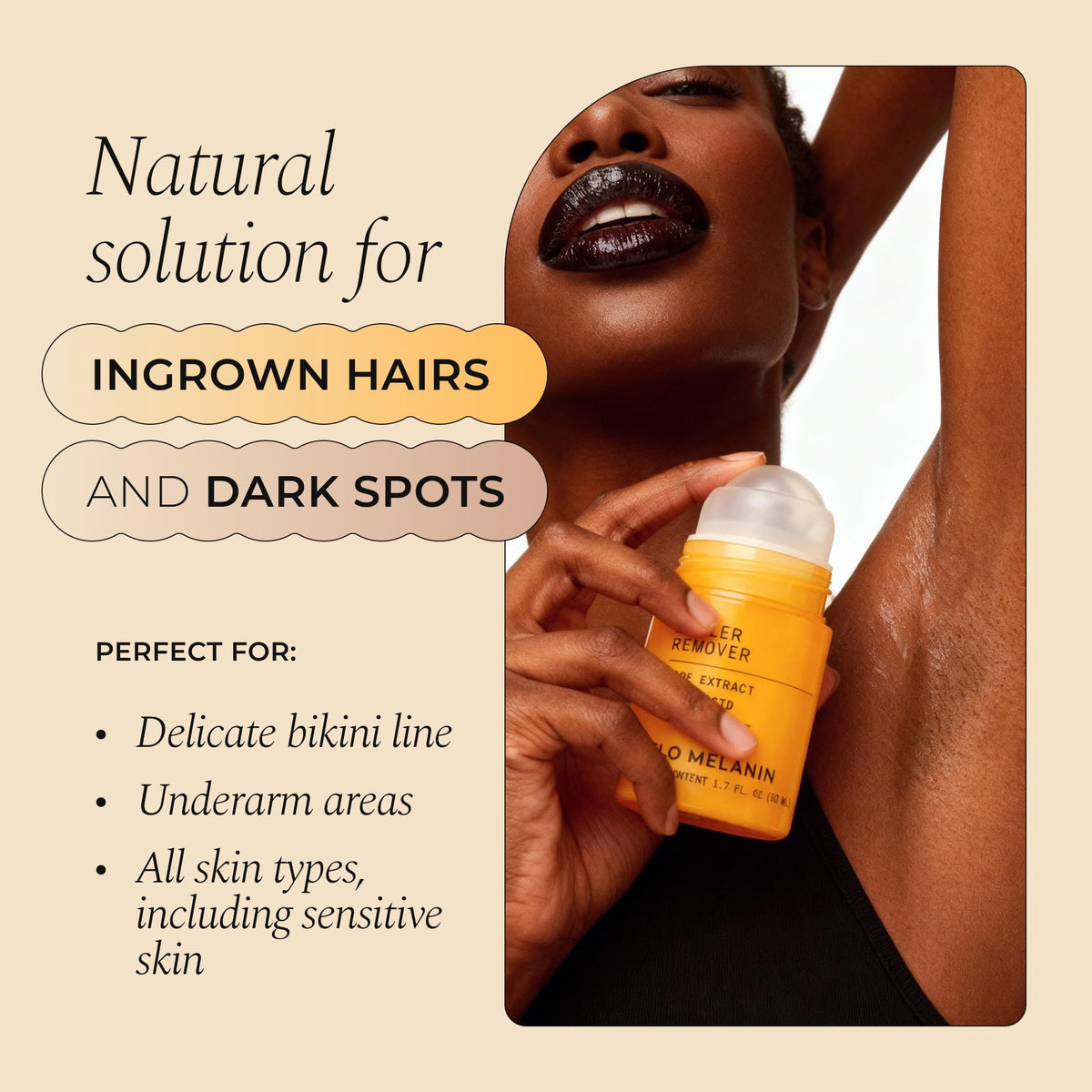 Glo Melanin roller ball close-up displaying applicator for precise, mess-free application