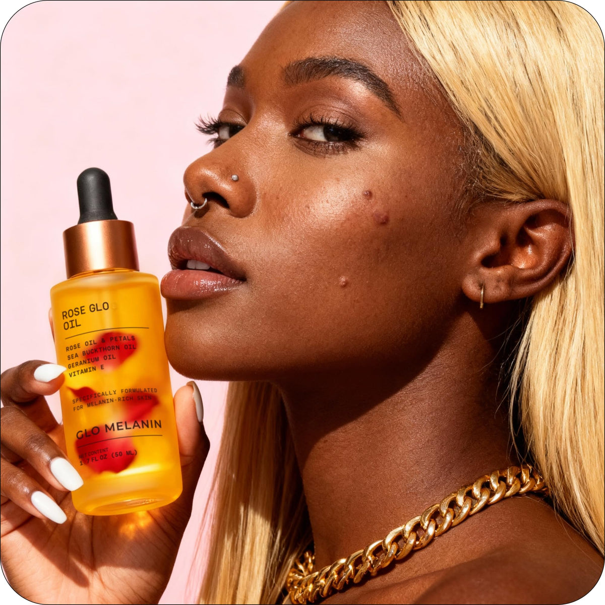 Glo Melanin applying oil to leg showing dual face and body use