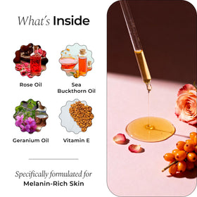 Glo Melanin ingredient display with rosehip and sea buckthorn for antioxidants
